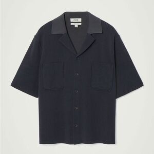 COS Dark Navy Oversized Double-Faced Knitted Shirt Button Down Short Sleeve